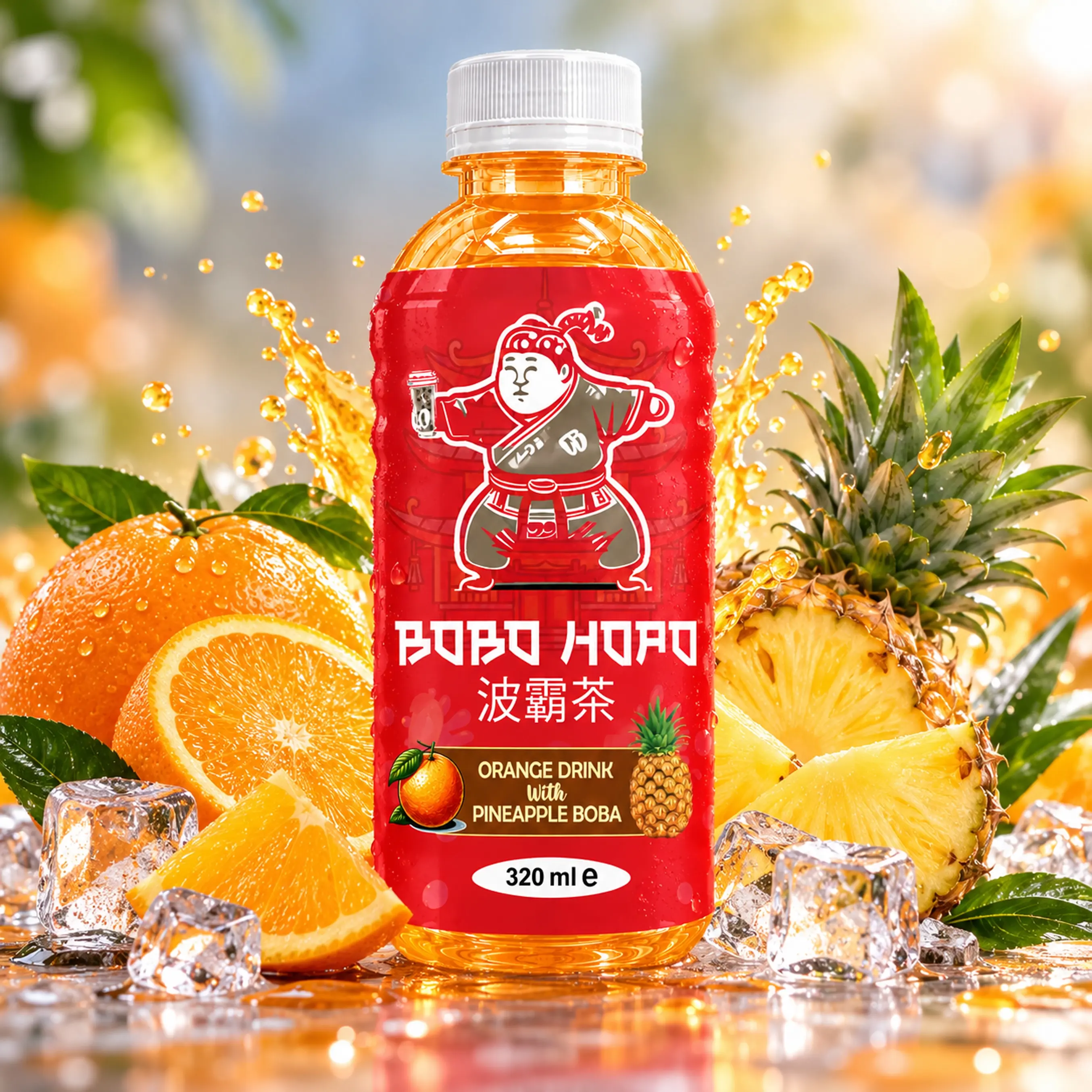 Bobo Hopo 320 ml orange drink with pineapple boba, fresh orange, pineapple, ice cubes and fruit splash.